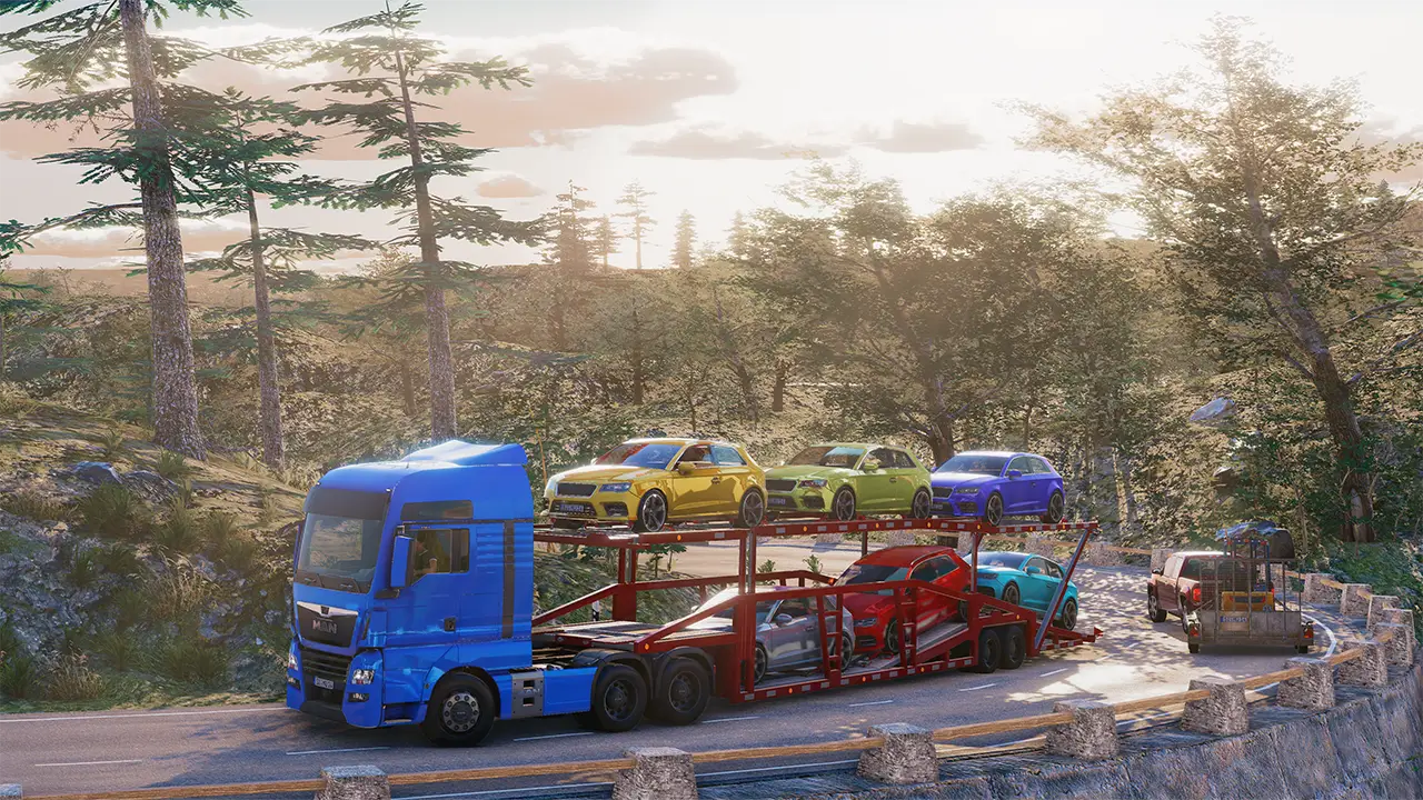 Car Transporter driving in a forest