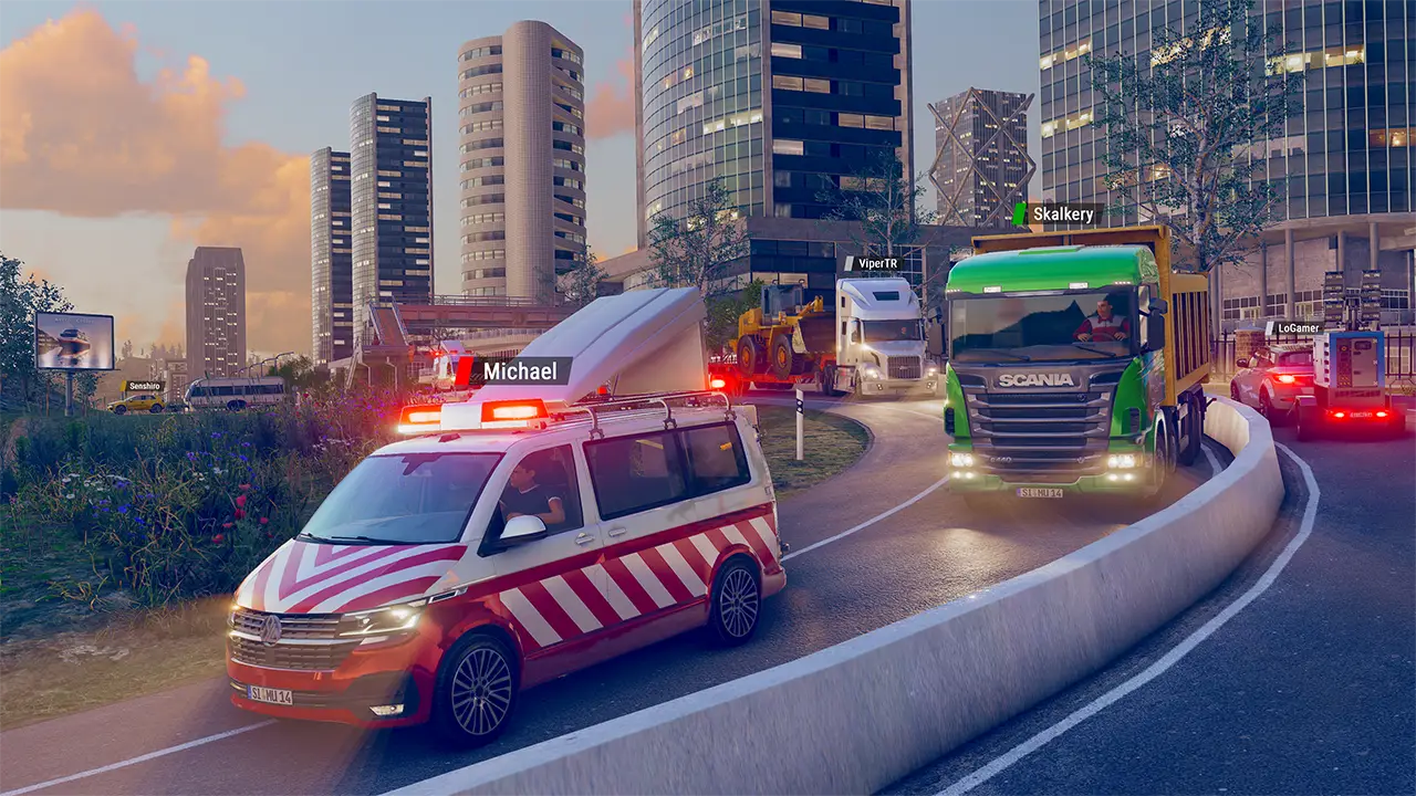 Truck and logistics simulator multiplayer online on curve pilot car escort